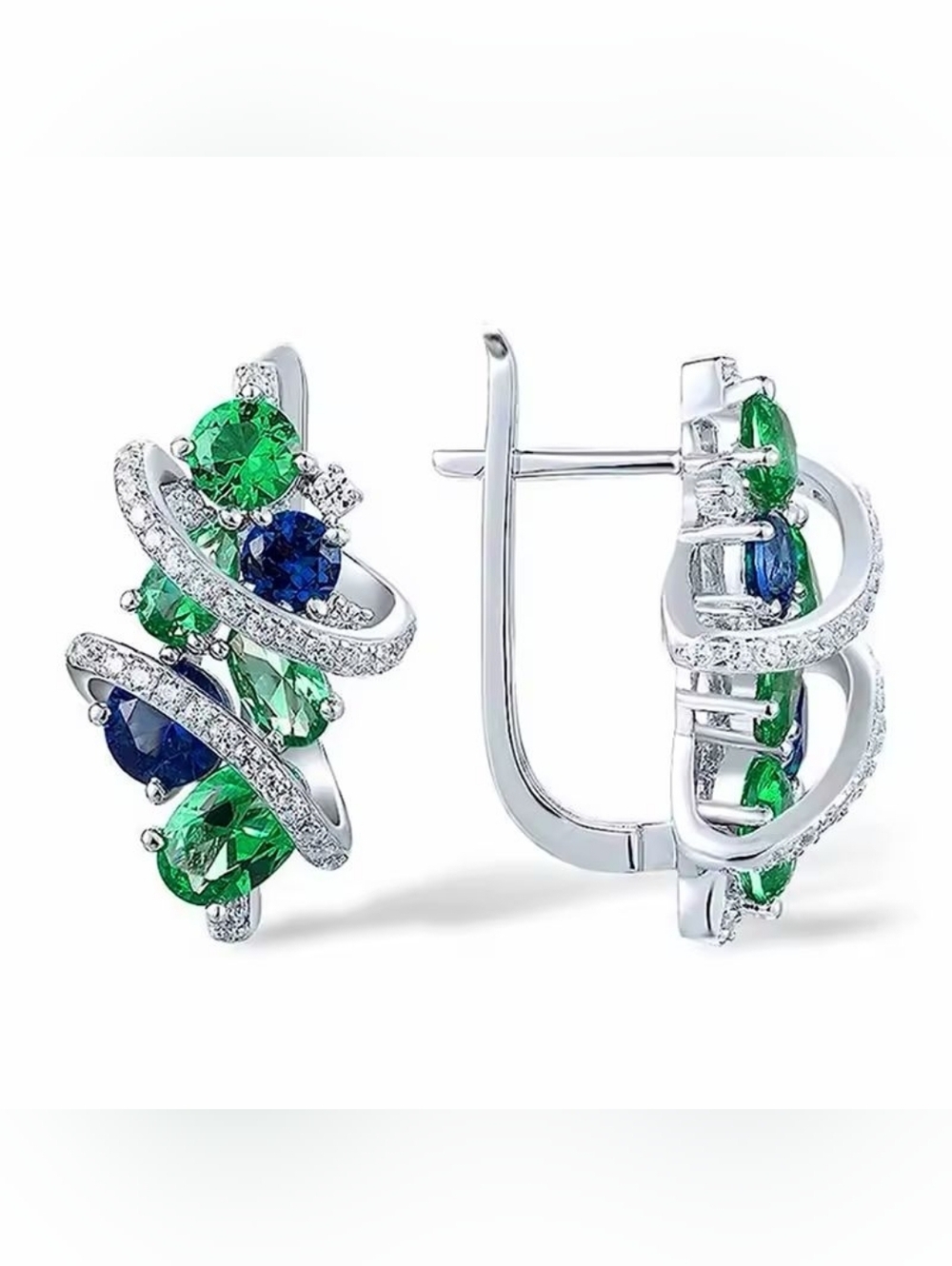 Twist Crystal Stud Earrings in Emerald & Sapphire - Women Jewelry - Picture 9 of 11